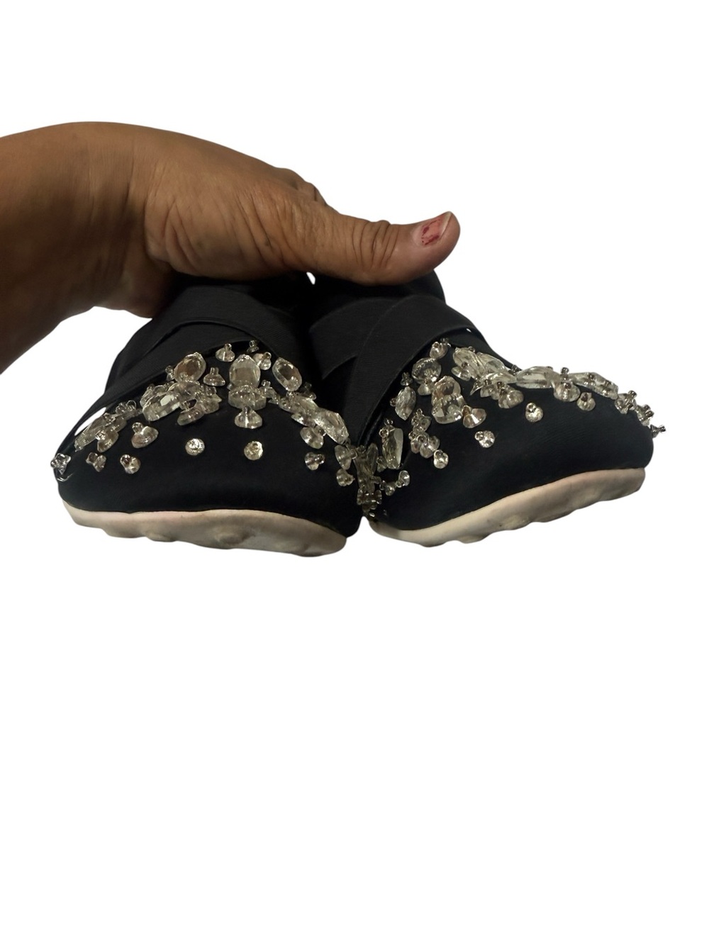 Black Crystal-Embellished Cross-Strap Slip-Ons - Picture 5 of 15